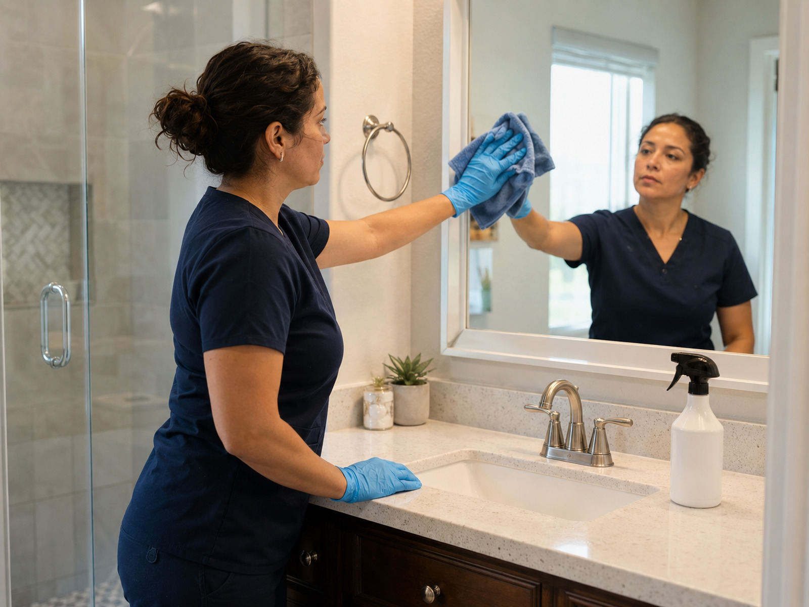 Cleaner polishing a bathroom mirror and vanity