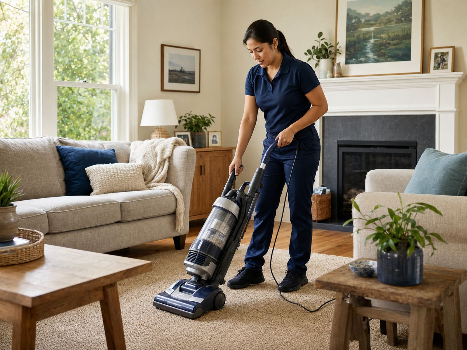 Cleaner vacuuming the rug in a tidy living room