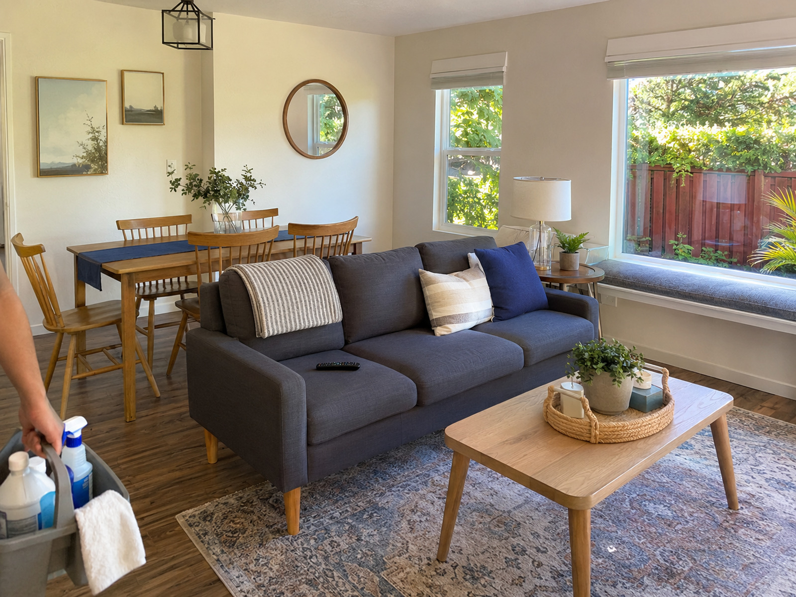 Tidy guest living room with cleaning caddy in hand