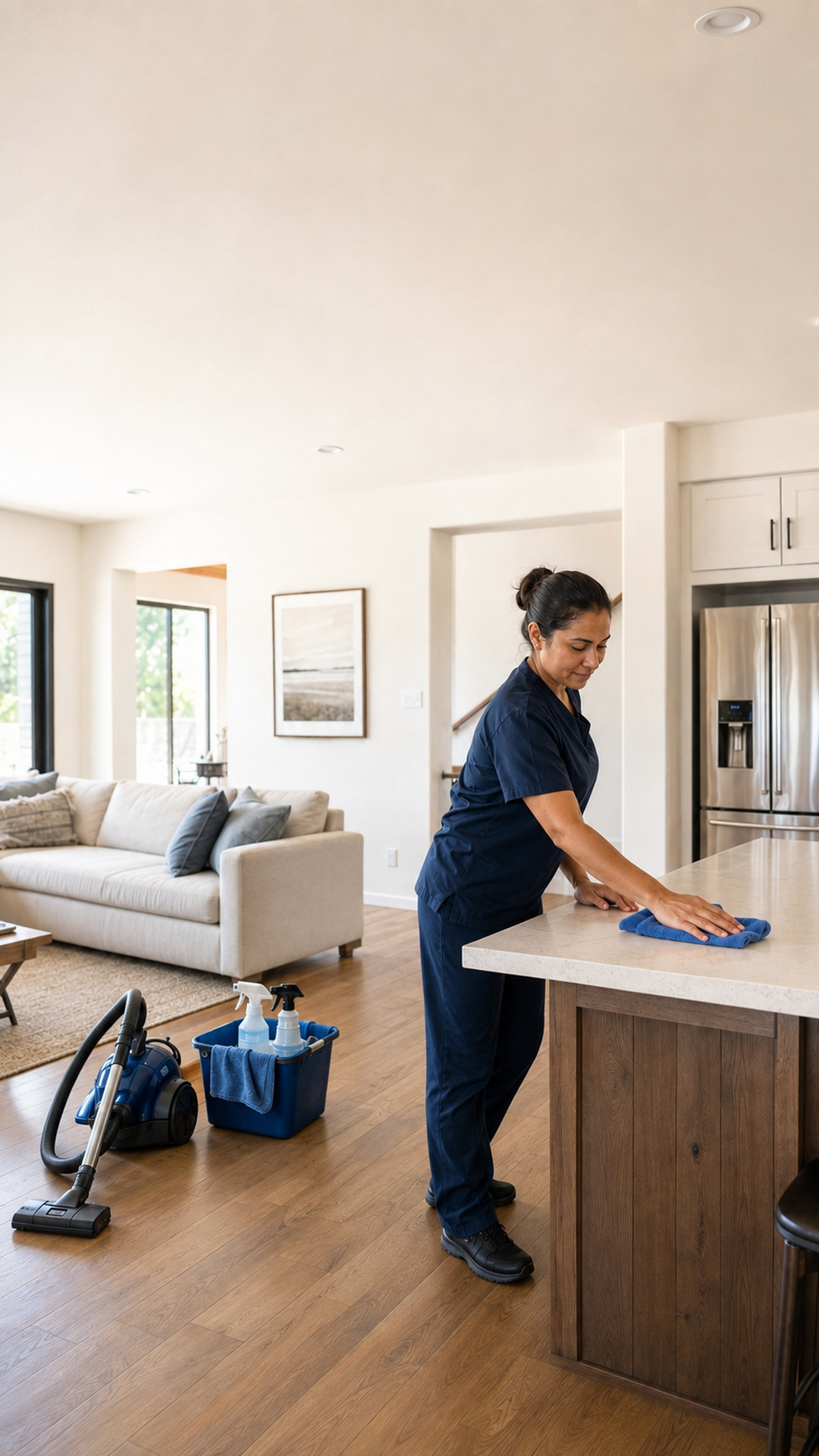 Cleaner in navy uniform cleaning a kitchen counter in an open-plan home