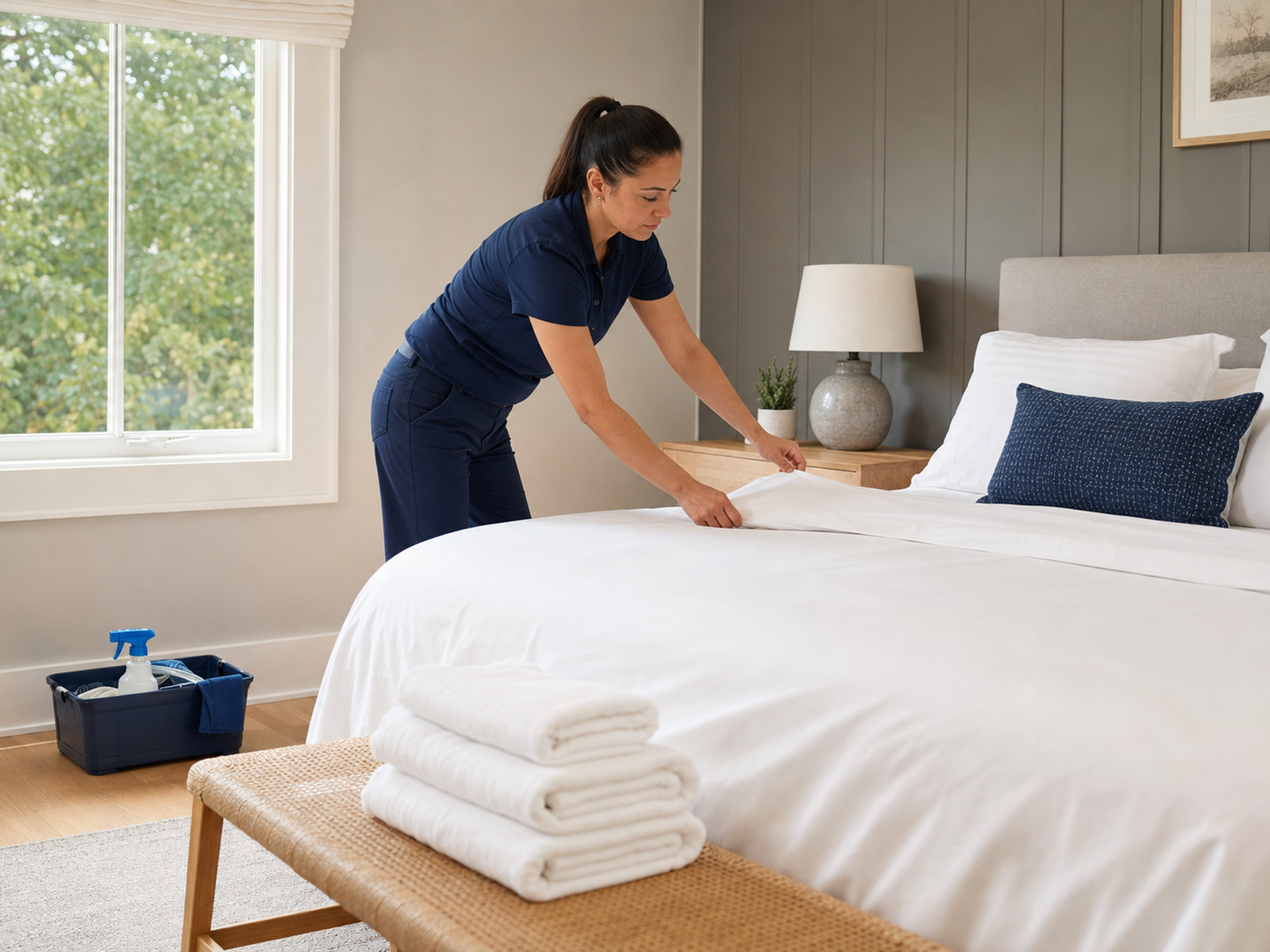 Cleaner making a bed with fresh white linens in a guest bedroom