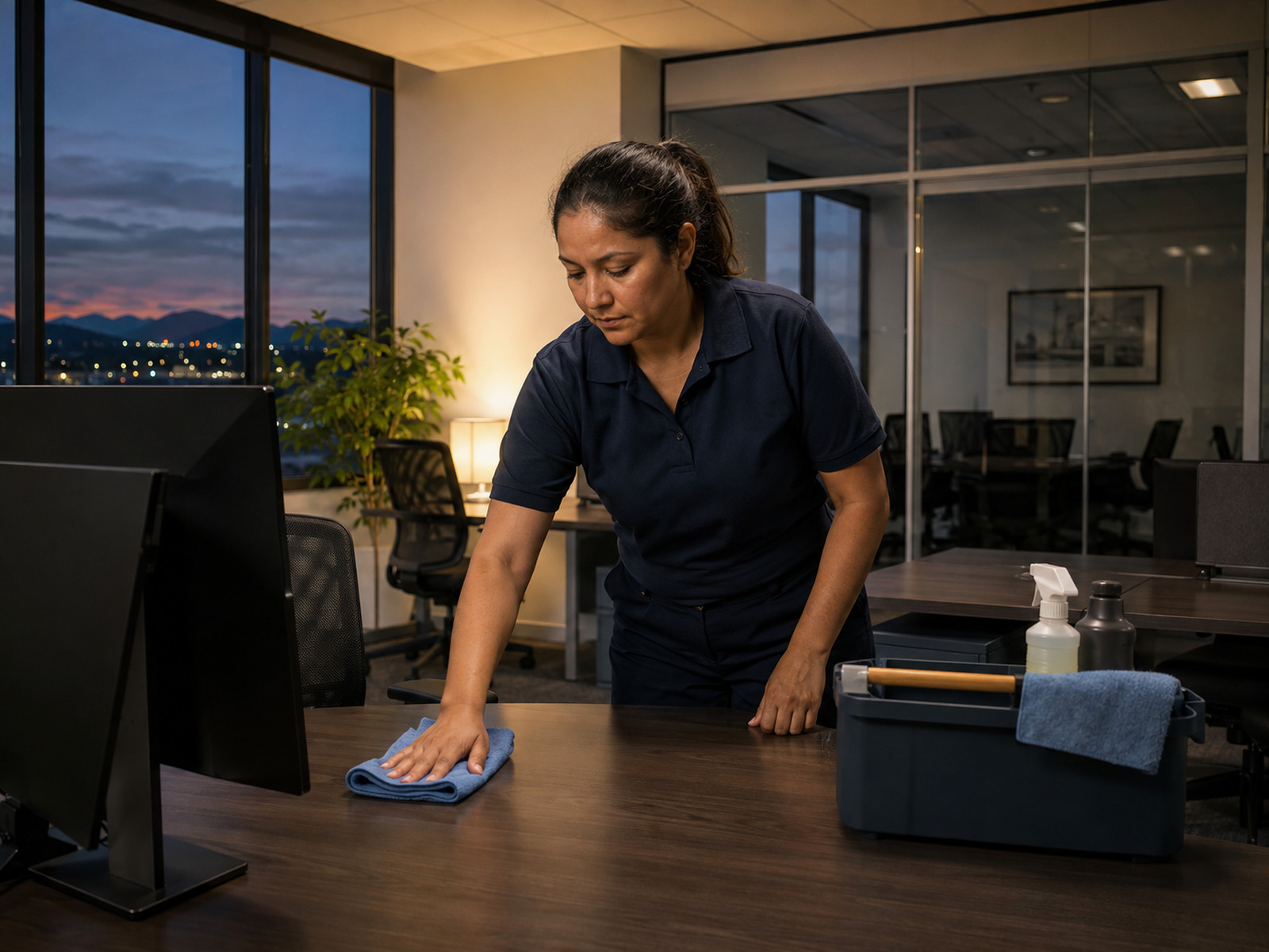 Cleaner wiping down a desk in an office at dusk